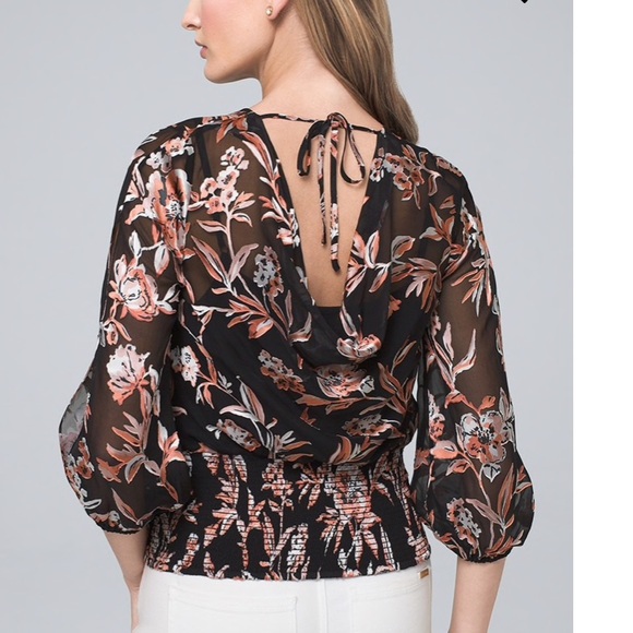 WHBM FLORAL BURNOUT DRAPED BACK BLOUSE - Picture 3 of 12
